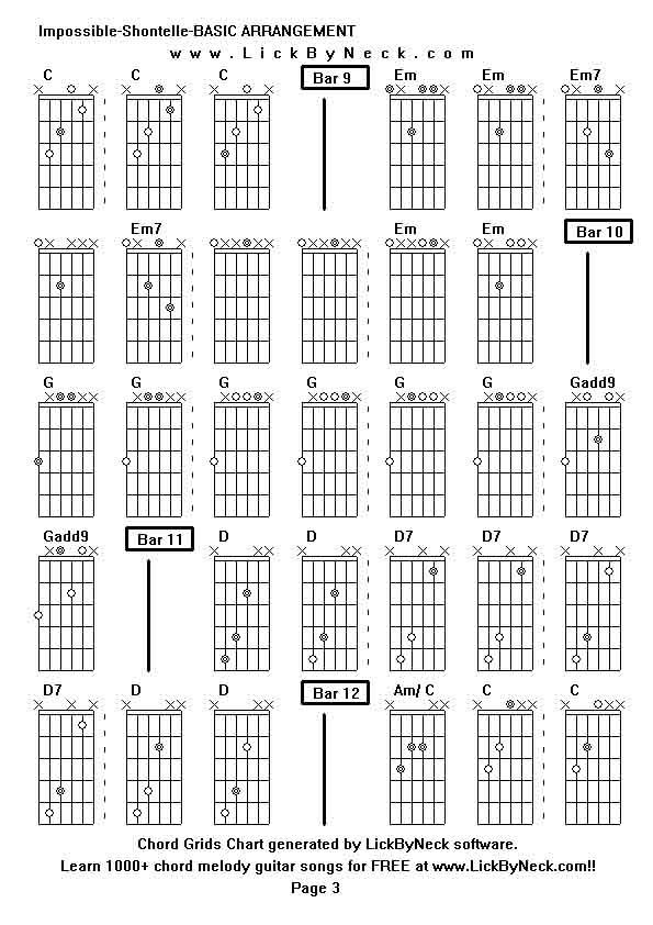 Chord Grids Chart of chord melody fingerstyle guitar song-Impossible-Shontelle-BASIC ARRANGEMENT,generated by LickByNeck software.